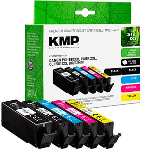 KMP  1x pigmentschwarz, 1x schwarz, 1x cyan, 1x magenta, 1x gelb Druckerpatronen kompatibel zu Canon PGI-580XXL PGBK, CLI 581XXL BK/C/M/Y, 5er-Set von KMP