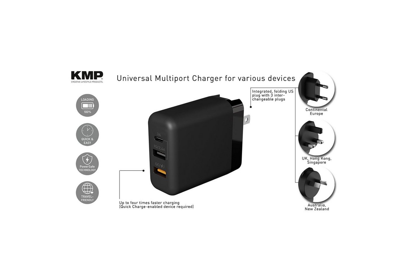 KMP 30W Multiport Travel Charger Black Schnelllade-Gerät (Singlepack, 4-tlg., schnelles Laden) von KMP