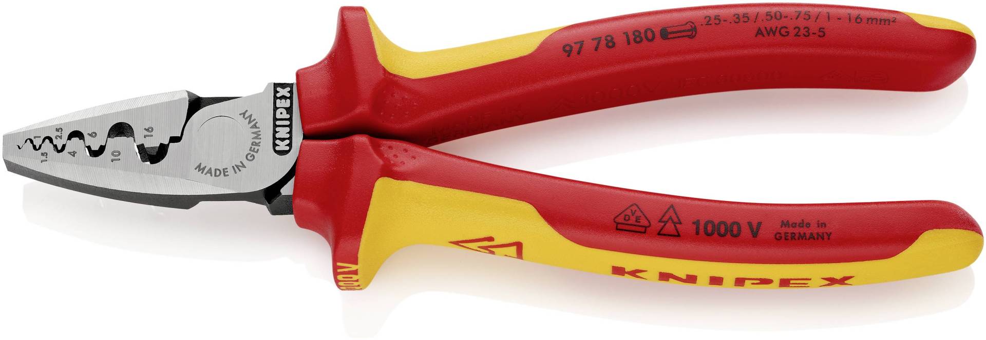 Knipex VDE-Crimpzange 180mm 9778180 Aderendhülsen 0,25-16,0mm² AWG:23-5 Knipex VDE-Crimpzange 180mm 9778180 Aderendhülsen 0,25-16,0mm² AWG:23-5 von KNIPEX-WERK
