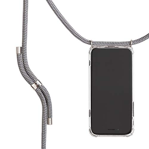 KNOK Handykette Kompatibel mit Apple iPhone 11 Pro Max - Silikon Hülle mit Band - Handyhülle für Smartphone zum Umhängen - Transparent Case mit Schnur - Schutzhülle mit Kordel in Grau - Silver Metall von KNOK