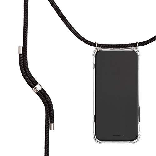 KNOK Handykette Kompatibel mit Apple iPhone 11 Pro - Silikon Hülle mit Band - Handyhülle für Smartphone zum Umhängen - Transparent Case mit Schnur - Schutzhülle mit Kordel in Schwarz - Silver Metall von KNOK