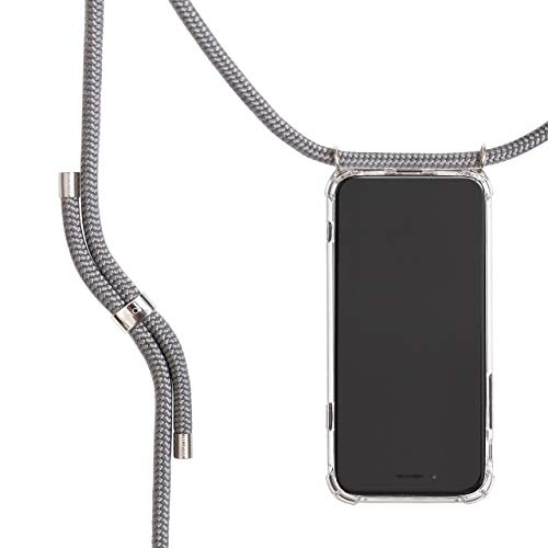 KNOK Handykette Kompatibel mit Apple iPhone 11 - Silikon Hülle mit Band - Handyhülle für Smartphone zum Umhängen - Transparent Case mit Schnur - Schutzhülle mit Kordel in Grau - Silver Metall von KNOK