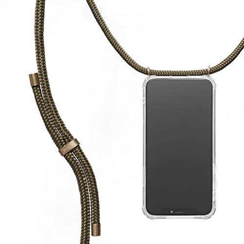 KNOK Handykette Kompatibel mit Apple iPhone 12 Mini - Silikon Hülle mit Band - Handyhülle für Smartphone zum Umhängen - Transparent Case mit Schnur - Schutzhülle mit Kordel in Olivgrün von KNOK