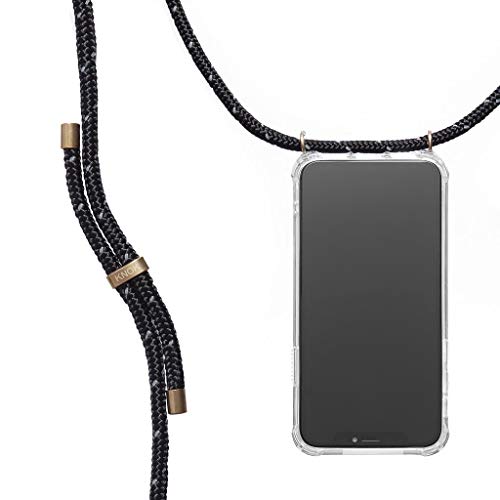 KNOK Handykette Kompatibel mit Apple iPhone 13 PRO - Silikon Hülle mit Band - Handyhülle für Smartphone zum Umhängen - Transparent Case mit Schnur - Schutzhülle mit Kordel in Reflect Black von KNOK