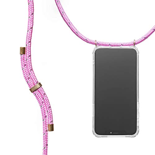 KNOK Handykette Kompatibel mit Apple iPhone XR - Silikon Hülle mit Band - Handyhülle für Smartphone zum Umhängen - Transparent Case mit Schnur - Schutzhülle mit Kordel in Reflekt Neon Rosa von KNOK