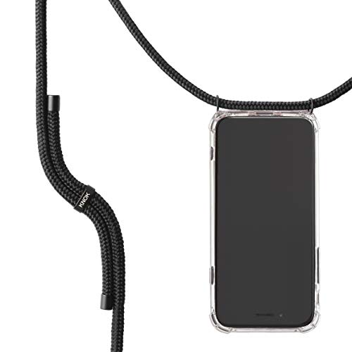 KNOK Handykette Kompatibel mit Apple iPhone 16 PRO MAX - Silikon Hülle mit Band - Handyhülle für Smartphone zum Umhängen - Transparent Case mit Schnur - Schutzhülle mit Kordel in All Black von KNOK