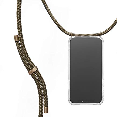 KNOK Handykette Kompatibel mit Apple iPhone 16 PRO - Silikon Hülle mit Band - Handyhülle für Smartphone zum Umhängen - Transparent Case mit Schnur - Schutzhülle mit Kordel in Olive von KNOK