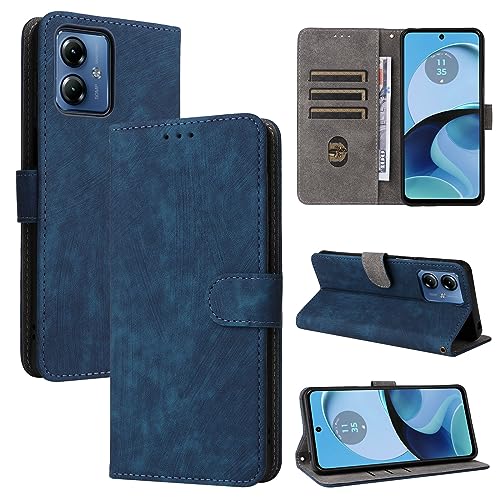 KNOXS Handyhülle für Motorola Moto G14 Hülle mit RFID Blockierendem Ständer TPU Innenschale mit Stoßfester Klapphülle, PU Wallet Schutzhülle (Blau) von KNOXS