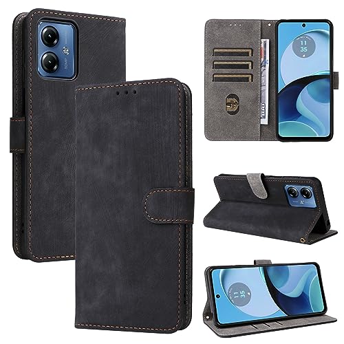 KNOXS Handyhülle für Motorola Moto G14 Hülle mit RFID Blockierendem Ständer TPU Innenschale mit Stoßfester Klapphülle, PU Wallet Schutzhülle (Schwarz) von KNOXS