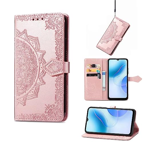 KNOXS Hüllen für Motorola Moto G14, PU Schutzhülle [Premium Leder] [Ultra Slim] [Card Slot] [Ständer] Flip Wallet Etui Handyhülle für Motorola Moto G14 Hülle (Roségold) von KNOXS