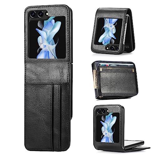 KNOXS Schutzhülle für Samsung Galaxy Z Flip 5 Hülle, Hochwertiges Leder, rutschfest, Soft-Touch-Folio-Schutzhülle mit Kartenfächern Ständer für Z Flip 5 Hülle (Schwarz) von KNOXS