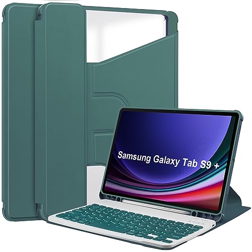 KNOXS Tablet Hülle für Samsung Galaxy Tab S9 Plus, Schutzhülle Hochwertiges PU Leder, [Wireless Keyboard Functions] mit Ständer Funktion, für Samsung Galaxy Tab S9 Plus 12.4 Zoll Modell Hülle (Grün) von KNOXS