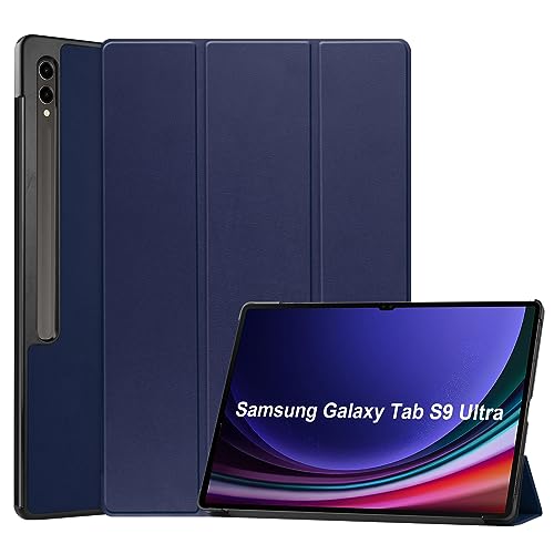 KNOXS Tablet Hülle für Samsung Galaxy Tab S9 Ultra, Slim Schutzhülle Hochwertiges PU Schlank Leder Hülle, mit Ständer Funktion, für Samsung Galaxy Tab S9 Ultra Zoll Modell (Dunkelblau) von KNOXS