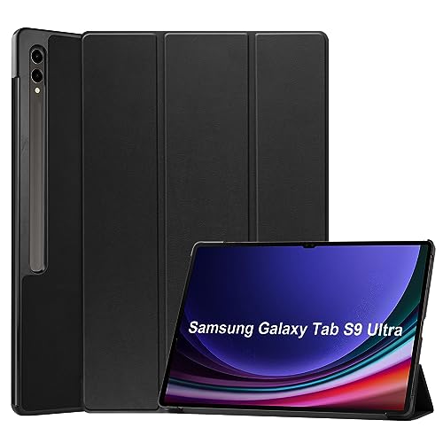 KNOXS Tablet Hülle für Samsung Galaxy Tab S9 Ultra, Slim Schutzhülle Hochwertiges PU Schlank Leder Hülle, mit Ständer Funktion, für Samsung Galaxy Tab S9 Ultra Zoll Modell (Schwarz) von KNOXS