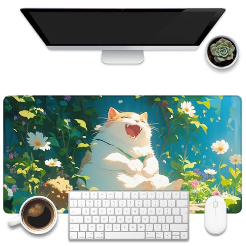 KOAIWPAE Schreibtischunterlage, Happy Fat Cat-Schreibtischmatte, niedliche Anime-Katze, großes Gaming-Mauspad für den Schreibtisch, 80 x 40 cm erweitertes großes Computer-Tastatur-Mauspad mit von KOAIWPAE