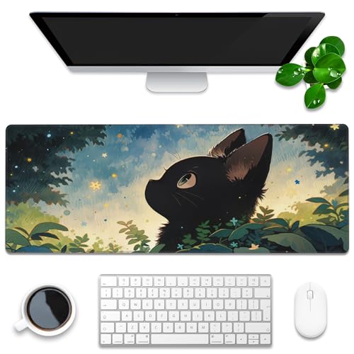 Schreibtischunterlage, Anime, niedliche schwarze Katze, erweitertes Gaming-Mauspad, groß, 80 x 30 cm, großes Mauspad mit rutschfester Unterseite und genähtem Rand, langes Computer-Tastatur-Mauspad für von KOAIWPAE