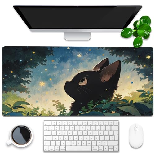 Schreibtischunterlage, Anime, niedliche schwarze Katze, erweitertes Gaming-Mauspad, groß, 89,9 x 39,9 cm, großes Mauspad mit rutschfester Unterseite und genähtem Rand, langes Computer-Tastatur-Mauspad von KOAIWPAE