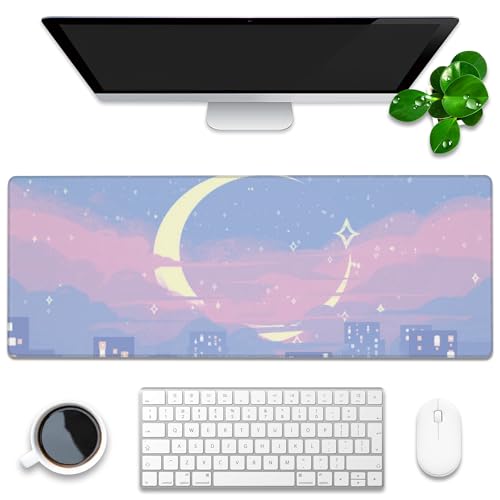 Schreibtischunterlage, Anime-Mond-Stadtnachtszene, erweitertes Gaming-Mauspad, groß, 80 x 30 cm, großes Mauspad mit rutschfester Unterseite und genähtem Rand, lange Computer-Tastatur-Mauspad für von KOAIWPAE