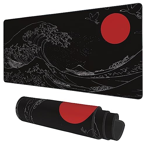 Schreibtischunterlage, schwarz, japanischer Stil, Welle und rote Sonne, erweitertes Gaming-Mauspad, groß, 89,9 x 40,9 cm, großes Mauspad mit rutschfester Unterseite und genähtem Rand, lange von KOAIWPAE