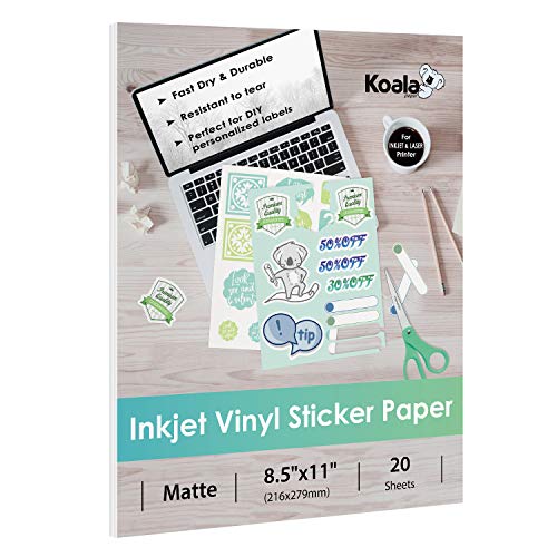 KOALA PAPER Vinyl-Aufkleberpapier - 20 Blätter mattweißes, wasserdichtes Vinyl-Aufkleberpapier, 21,6 x 27,9 cm, für Tintenstrahldrucker, funktioniert mit Schneidemaschine KOALA PAPER Vinyl-Aufkleberpapier - 20 Blätter mattweißes, wasserdichtes Vinyl-Aufkleberpapier, 21,6 x 27,9 cm, für Tintenstrahldrucker, funktioniert mit Schneidemaschine von KOALA PAPER