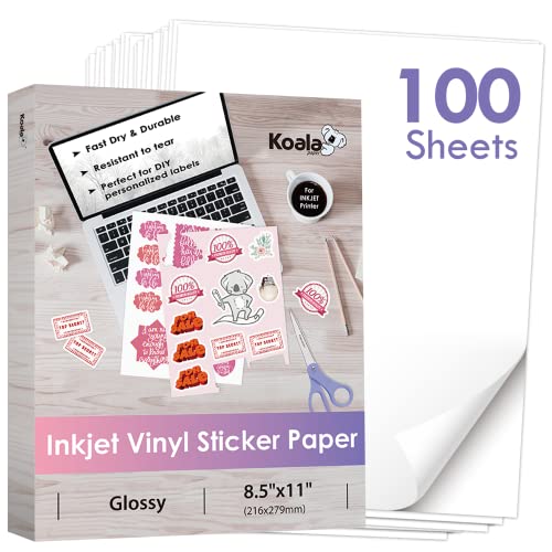 Koala bedruckbares Vinyl-Aufkleberpapier für Tintenstrahldrucker – 100 Blatt glänzendes, weißes, wasserbeständiges, selbstklebendes Etikettenpapier – 21,6 x 27,9 cm, reißfest, ablösbar von KOALA PAPER