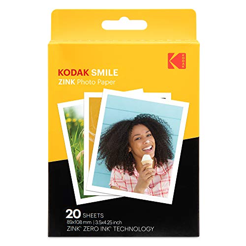 KODAK 3,5 x 4,25 Zoll Premium-Zink-Fotodruckpapier (20 Blatt) kompatibel mit der KODAK Smile Classic-Sofortbildkamera, 20 Pack von KODAK
