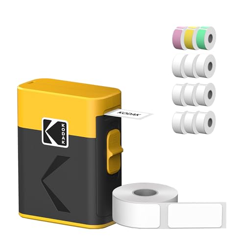 KODAK Label ERA M50 Etikettendruckmaschine, Gelb (Etikettendrucker mit 1 Rolle Aufkleber + 12 Rollen Set, Weiß 9 Rollen, Pink/Grün/Gelb je 1 Rolle) von KODAK