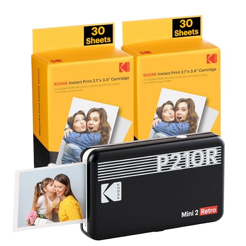 KODAK Mini 2 Retro 4PASS Mobiler Fotodrucker (5,3x8,6cm) - Paket met 68 Blatts, Schwarz von KODAK