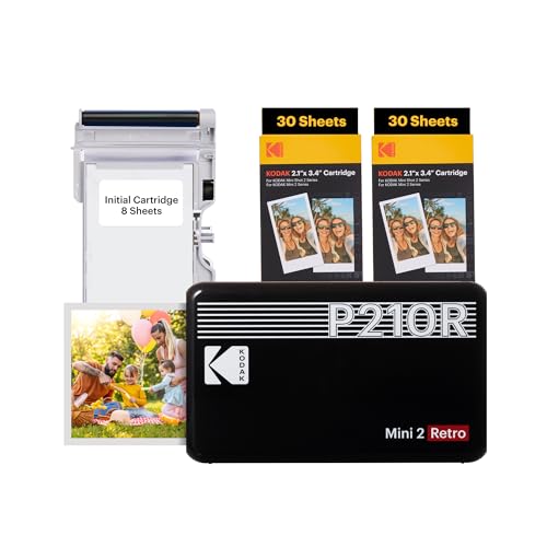 KODAK P210 Mini 2 Retro, Mobiler Farbig Fotodrucker, Kompatibel mit Smartphone (iOS & Android), Bluetooth, 54x86 mm, 4Pass-Technologie, Laminierung, 6 Kartuschen, 68 Blatt, Schwarz von KODAK