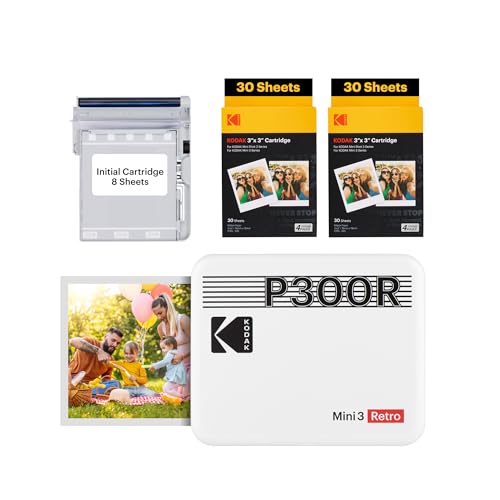 KODAK Mini 3 Retro 4Pass Tragbarer Fotodrucker (7,6 x 7,6 cm) – Paket mit 60 Blatt, weiß von KODAK