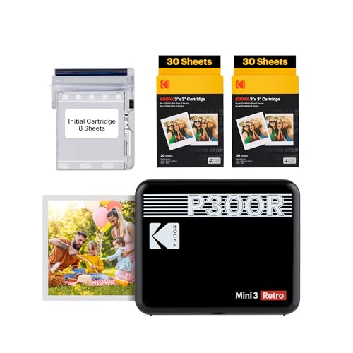 KODAK Mini 3 Retro 4Pass Tragbarer Fotodrucker (7,6 x 7,6 cm) – Paket mit 68 Blättern, schwarz von KODAK