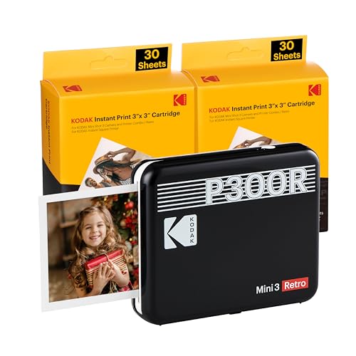 KODAK Mini 3 Retro 4Pass Tragbarer Fotodrucker (7,6 x 7,6 cm) – Paket mit 68 Blättern, schwarz von KODAK