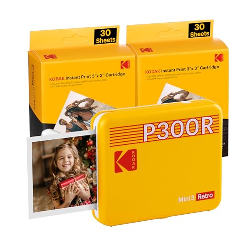 KODAK Mini 3 Retro 4Pass tragbarer Fotodrucker (7,6 x 7,6 cm) – Paket mit 68 Blättern, Gelb von KODAK
