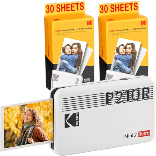 KODAK Mini-Drucker P210 Retro 2 + Patrone und Papier für 60 Fotos – Drucker mit Bluetooth – Fotos Format CB 5,3 x 8,6 cm – Lithium-Akku – Thermosublimation 4 Pass von KODAK
