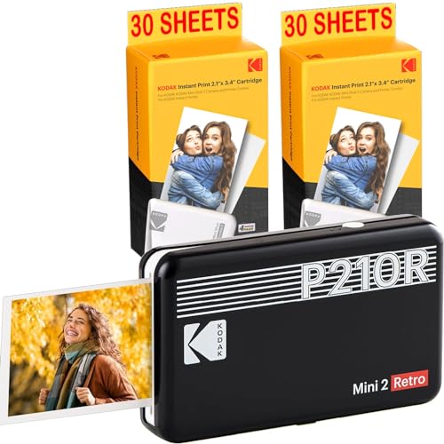 KODAK Mini-Drucker P210 Retro 2 + Patrone und Papier für 60 Fotos – Drucker mit Bluetooth – Fotos Format CB 5,3 x 8,6 cm – Lithium-Akku – Thermosublimation 4 Pass von KODAK