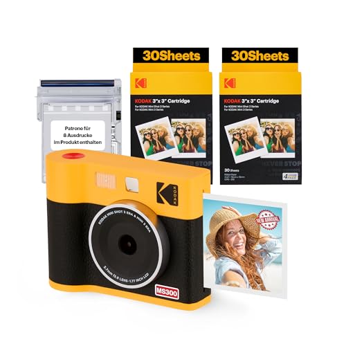 KODAK Mini Shot 3 ERA 4PASS 2-in-1 Sofortbildkamera und Fotodrucker (7,6x7,6cm) (Sofortbildkamera + Paket met 68 Blatts, Gelb) von KODAK