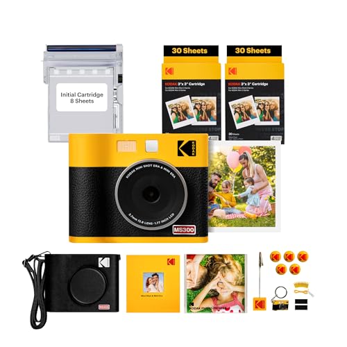 KODAK Mini Shot 3 ERA 4PASS 2-in-1 Sofortbildkamera und Fotodrucker (7,6x7,6cm) Sofortbildkamera + Gift Paket + 8 Blatt im Lieferumfang enthalten + 60-Blatt-Patrone, Gelb von KODAK