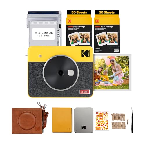 KODAK Mini Shot 3 Retro 4PASS 2-in-1 Sofortbildkamera und tragbarer Fotodrucker (7,6 x 7,6 cm) + Zubehörpaket mit 68 Blatt, Gelb von KODAK