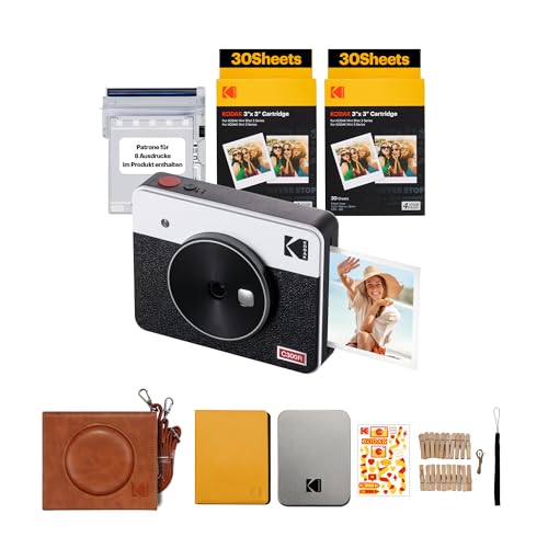 KODAK Mini Shot 3 Retro 4Pass 2-in-1 Sofortbildkamera und tragbarer Fotodrucker (7,6 x 7,6 cm) + Geschenkpaket mit 68 Blättern, weiß von KODAK