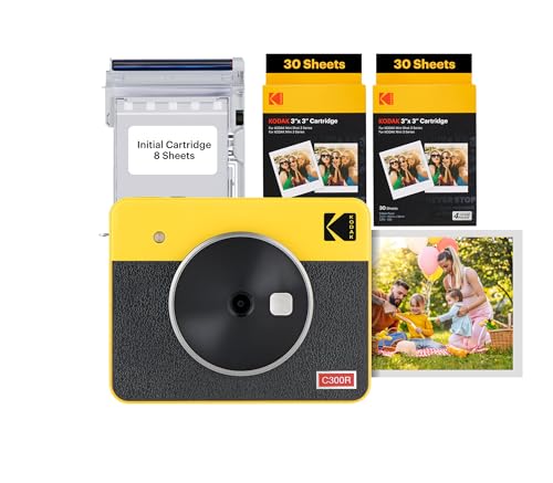 Kodak Mini Shot 3 Retro 4PASS 2-in-1-Sofortbildkamera und Fotodrucker, Tragbar (7,6 x 7,6 cm) + Paket mit 68 Blatt, Gelb von KODAK