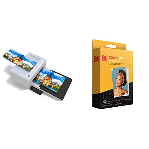 KODAK PD460 – Fotodrucker 10 x 15 cm – Bluetooth & Docking – Weiß & Schwarz & 2“x3 Premium Zink Fotopapier (100 Blatt) Kompatibel PRINTOMATIC Smile- und Step-Kameras und -Druckern von KODAK