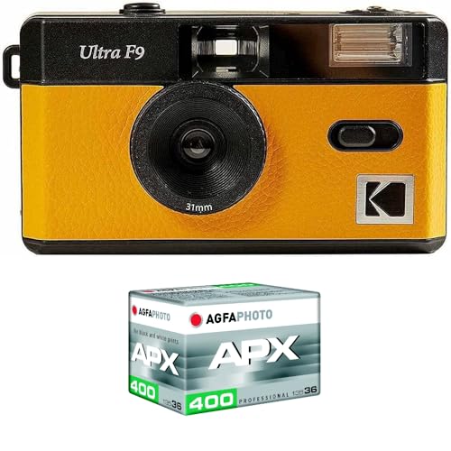 KODAK Pack F9 Silber + 400 ASA Filmstreifen – Kamera, wiederaufladbar, 35 mm, Gelb, festes Weitwinkelobjektiv, optischer Sucher, integrierter Blitz + Film APX 00, 36 Aufnahmen von KODAK