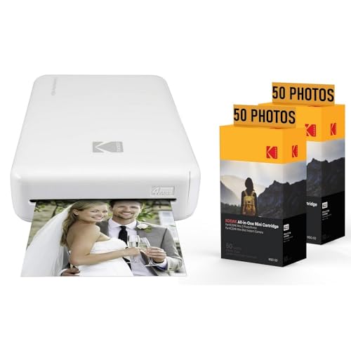 KODAK Pack Fotodrucker PM220 und 2 Patronen MSC50 – Fotos 5,4 x 8,6 cm, WiFi, kompatibel mit iOS und Android – Weiß von KODAK