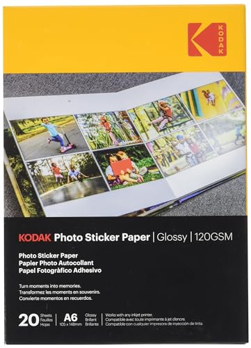 KODAK Photo Sticker Paper Fotopapier, selbstklebend, Format 21 x 29,7 cm (A6), glänzend, 120 g/m;, kompatibel mit Tintenstrahldruckern, Weiß, 20 Blatt von KODAK
