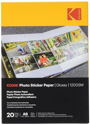 KODAK Photo Sticker Paper - Fotopapier mit Selbstklebefunktion, Glänzende Oberfläche, Pack mit 20 Blättern, Format A6 (10x15 cm), 120 gsm, Kompatibel mit Tintenstrahldruckern von KODAK