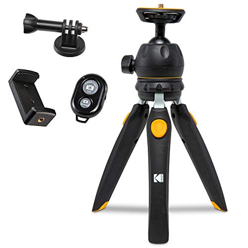 KODAK PhotoGear Mini-Stativ mit Fernbedienung, 360°-Kugelkopf, kompaktes 22,9 cm Tischstativ, 27,9 cm Selfie-Stick, 5-Positionsbeine, Gummifüße, Smartphone & Action-Kamera-Adapter, E-Guide enthalten von KODAK