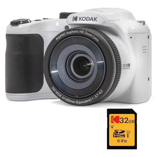 Kodak Pixpro Astro Zoom AZ255 + SD-Speicherkarte 32 GB – Digital-Bridge-Kamera 16 MP, 25-facher Zoom, Video HD 1080p, Weitwinkel 24 mm, LCD-Display 3, AA-Batterie – Weiß von AgfaPhoto