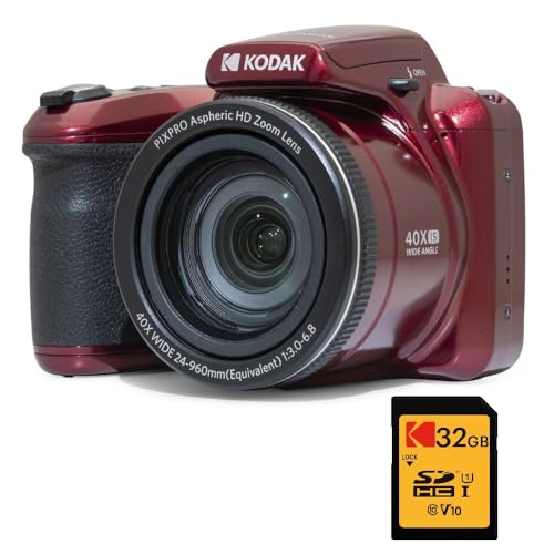 KODAK Pixpro Astro Zoom AZ405 Digital-Bridge + SDHC-Karte KODAK Ultra High Speed U1 32 GB – Kamera 20 Megapixel, X40 Zoom, Weitwinkel, LCD, Video Full HD 1080p, OIS, AA-Batterie – Rot von KODAK