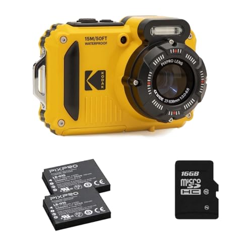 KODAK Pixpro Pack WPZ2 Kamera + 2 Akkus + 1 SD-Karte – kompakt 16 Megapixel, wasserdicht bis zu Einer Tiefe von 15, stoßfest, Video 720p, LCD-Display 2,7 – Li-Ion-Akku – Gelb von KODAK