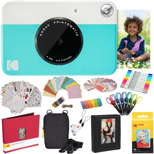 KODAK Printomatic Instant Camera (Blau) Komplettpaket + Zinkpapier (20 Blatt) + Luxusetui + Fotoalbum + 7 Aufklebersätze + Marker + Scheren + Randaufkleber und mehr von KODAK
